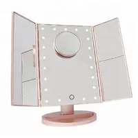 Miroir de maquillage à écran tactile pliable à 21 LED, glace de vanité avec grossissement 1x/2x/3x, chargeur USB, support réglable à 180 degrés