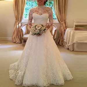 alternativa barata de vestidos de noiva Suppliers-Vestido dacron branco mais barato, renda manga comprida vestidos de casamento