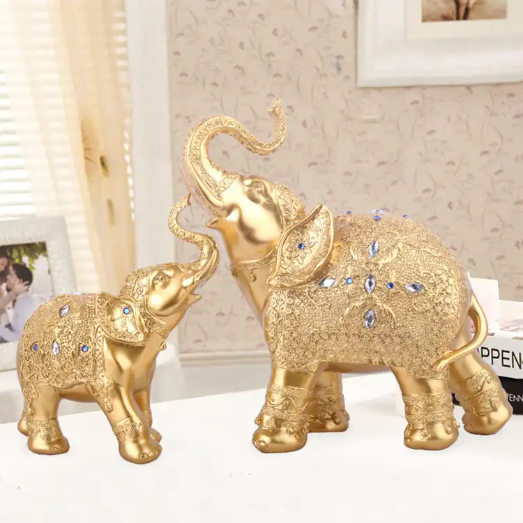Canlı altın yapay reçine el sanatları fil heykel hayvan heykeli iki parçalı set