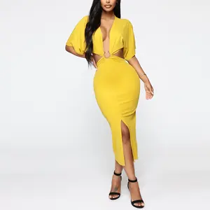 New Fashion Sexy Stretch Short Sleeve Cutout Slit Midi Dress Ladies Party Dresses