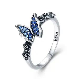 BAGREER SCR285 элегантные милые кольца с бабочкой и манжетами в форме цветка из циркония в стиле ретро серебро 925 пробы женские ювелирные изделия для девочек