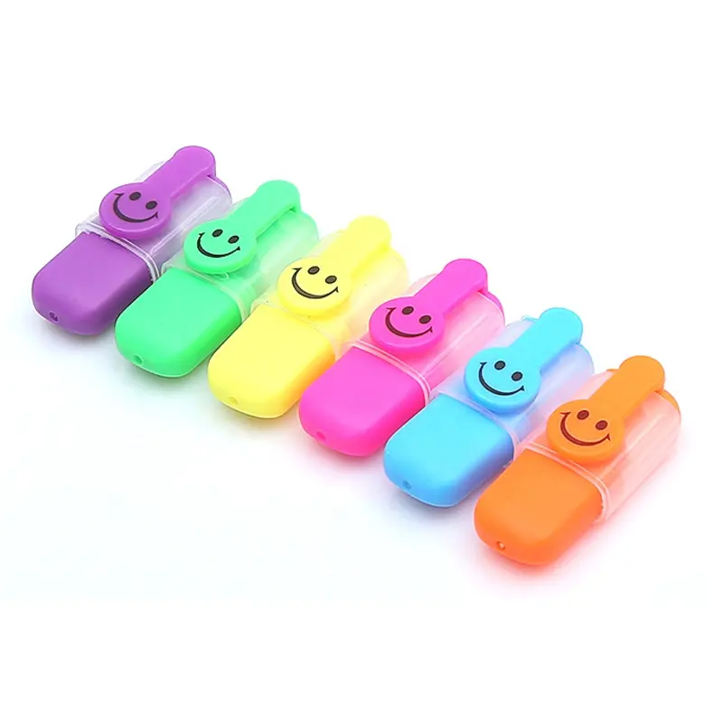 Mini sorriso di plastica penna evidenziatore con clip di assortiti 6 colori per l'ufficio e la scuola promozionale