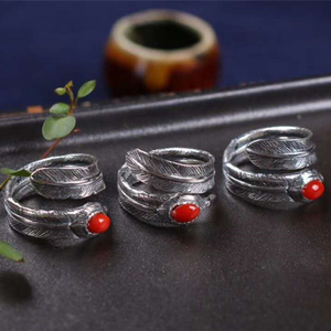 Tibetan Handmade <strong>Silver</strong> Natural Japanese Red Coral <strong>Ring</strong> for Women <strong>Feather</strong> Shape Design Your Own Championship <strong>Ring</strong> - Product Image 2