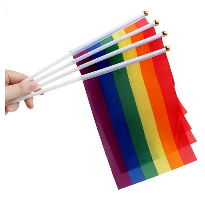 2023 New Product Wholesale Best Quality Custom Logo Size Campaign Polyester LGBT Gay Lesbian Pride Mini Rainbow Hand Waving Flag