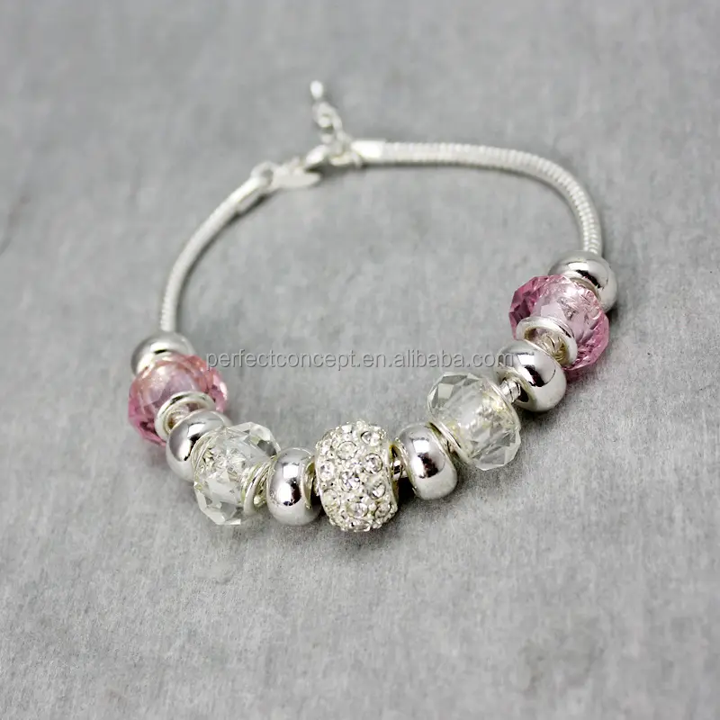 European Charm Women Pink Murano Glass Beads Fashion Bracelet