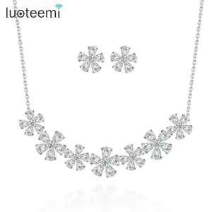 LUOTEEMI פלטינום ציפוי מעוקב Zirconia יוקרה שושבינה פרח קולר שרשרת עגיל הגדר סט תכשיטי חתונת נשים