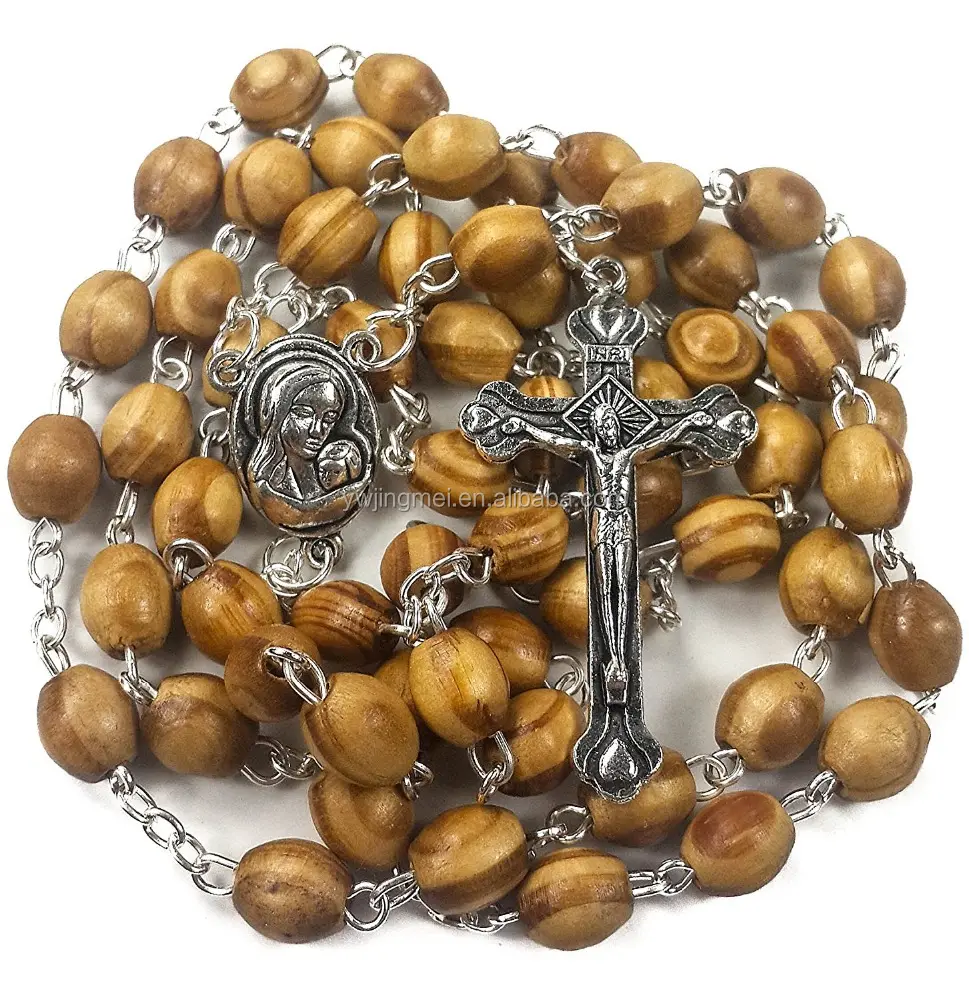 Katholisches Gebet Jerusalem Rosenkranz 6*8mm Oliven holz Perlen Religiöse Halskette Heiliger Boden Medaille & Metall kreuz