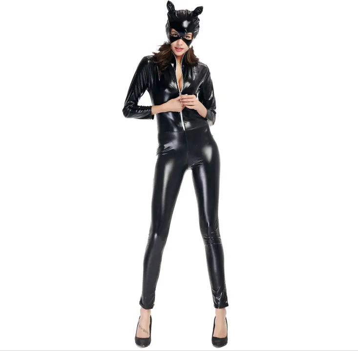 Горячий сексуальный черный кожаный костюм унитарда Женщина-кошка