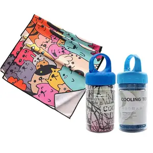 Custom Logo Sublimated Printed Evaporative Instant Cool Sports Travel Gym Beach Stay Cool Microfiber Cooling Towel with Bottle