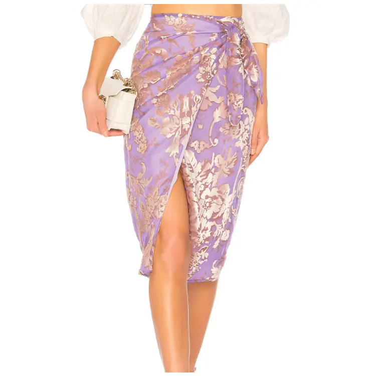 Latest fashion Draped front side tie knee length Burnout velvet skirt