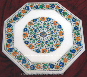 Piedra preciosa naranja y azul flor mármol incrustada, mesa superior - Product Image 1