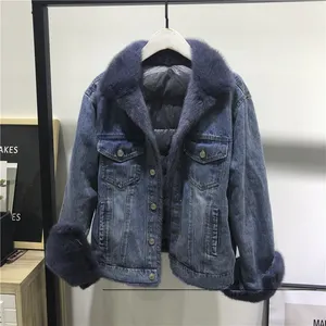 Jaket Denim Parka wanita, jaket bulu cerpelai hangat musim dingin, mantel Parka pendek