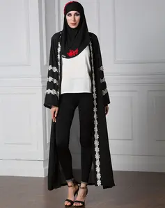 أزياء الكمثرى جبهة مفتوحة مسلم أحدث تصميم النساء بالجملة أسود دبي نموذج جديد كيمونو عباية