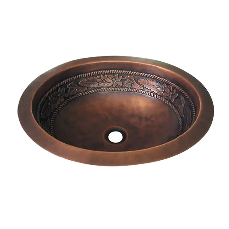 Évier de salle de bain en cuivre martelé à la main, avec design de forme ovale