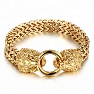 Cool punk 316l stainless steel real gold plated franco chain double lion head skull men bracelet