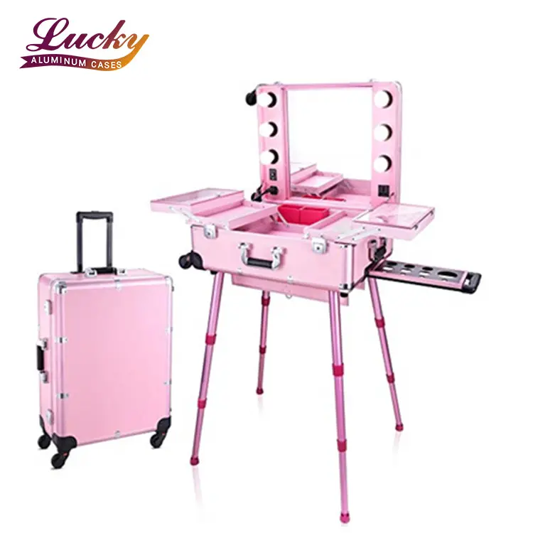 Professional Makeup Case with Lights Train Makeup Case Mirror Light Aluminum Rolling Makeup Case