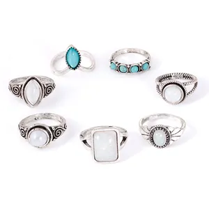 free sample Wish hot selling fashionable retro opal ring jewelry personalized hollowed diamond turquoise joint ring set