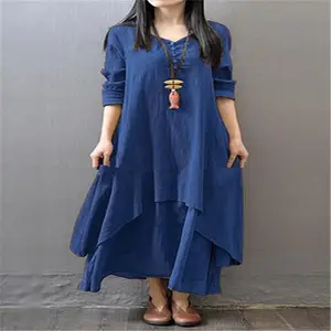 2019 casual cotton and hemp literary long sleeve spring and summer outfit han edition false two - piece women dress