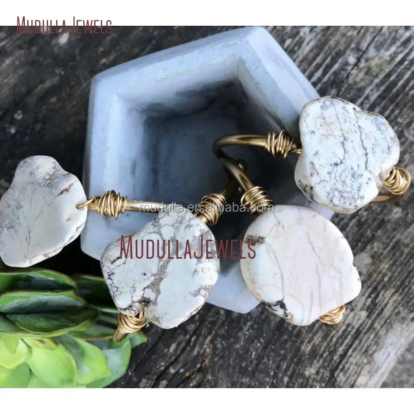 BM11249 White Magnesite Marble Stone Cuff Bangle Women Magnesite Slab Charm Bracelet Boho Jewelry