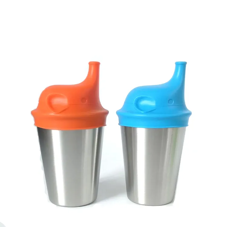 Food Grade 8oz Stainless Steel Sippy Cups With Silicone Elephant Lids And Grip For Kids Toddler