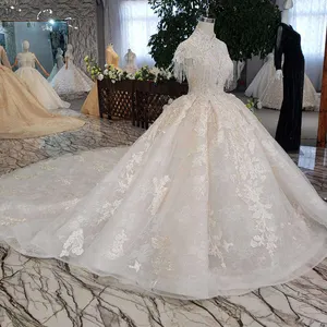 Jacember HTL249 wedding dress bridal gown prom crystal beaded high neck long trail wedding dress ball gown