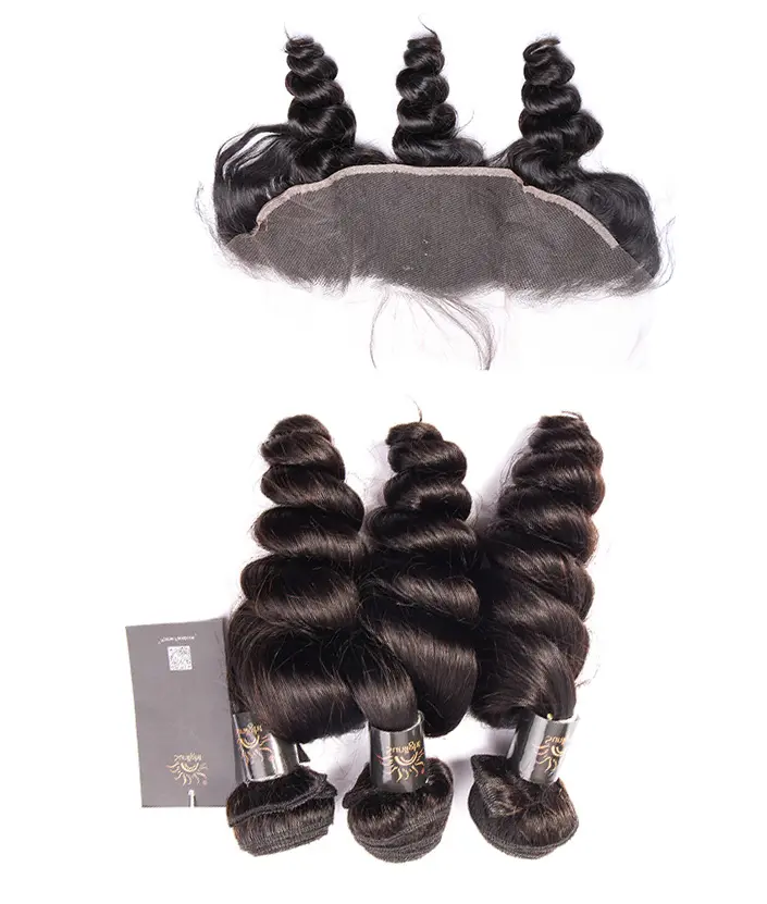 Sunlight Peruvian Virgin Hair Loose Wave 3 Bundles With Lace Frontal、女性ルースウェーブボディ織りヘアルーカーリー