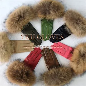 Damen Lammfell Leder handschuhe Fox Fur Echte Pelz manschette