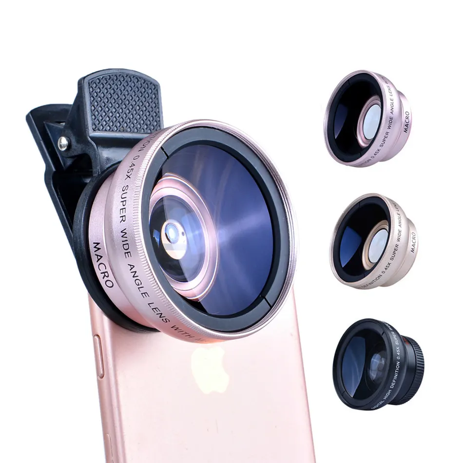 2 in 1 profesyonel HD 37mm 0.45X süper geniş açı + 12.5X makro Lens iPhone Samsung cep telefonu için kamera Lens