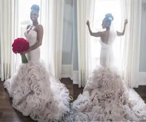 Robe de mariée sirène africaine en Organza à volants, Robe de mariage de marque Sexy queue de poisson avec Train de cour