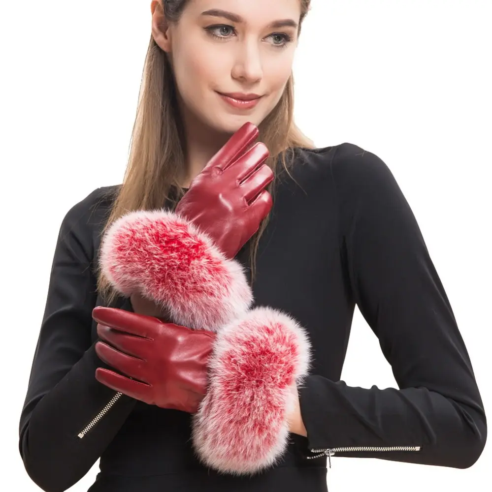 Sarung Tangan Kulit Domba Asli Mewah Kulit Domba Bulu Rubah Sarung Tangan Merah untuk Wanita Luvas