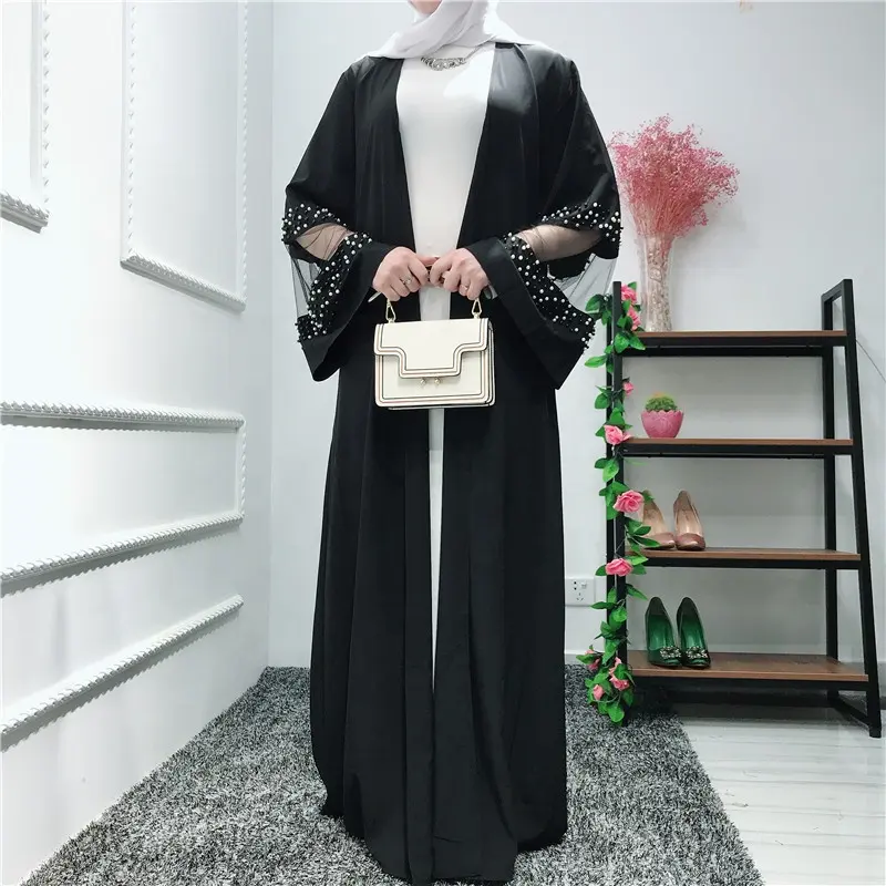 Neue mode islamische kleidung jilbab mit perle langen ärmeln schwarz dubai open abaya 2019