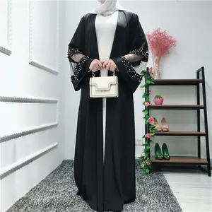 Fashion Baru Pakaian Islami Jilbab dengan Mutiara Lengan Panjang Hitam Dubai Terbuka Abaya 2019