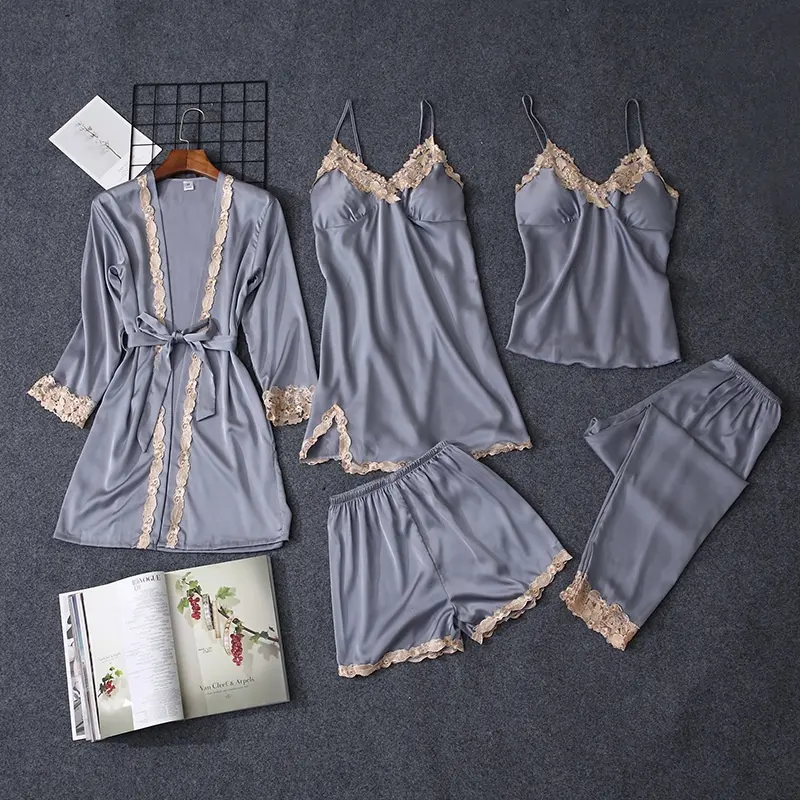 Nieuwe Stijl Nachtkleding Voor Vrouwen Sexy Zijden Nachthemd Satijn Vijf Stukken Pyjama Set