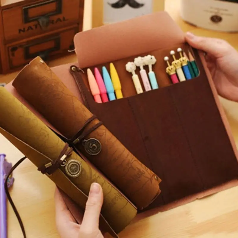 Vintage Retro Pouch Purse Bag For School Luxury Roll Leather Make Up Cosmetic Pencil Case Creative Pen Bag