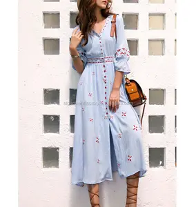 National Style Women Clothes Vintage Bohemia Embroidery Ladies Skirt Summer Holiday Beach Long Dress STb-0408