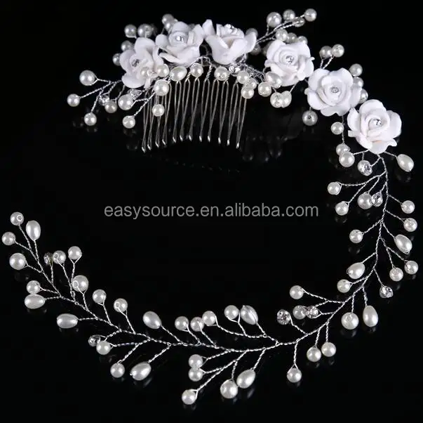 Pente de enfeite de cabelo para noivas, ornamentos de cabelo branco, flor, artesanal, tiara de pérola, coroa, noiva, floral