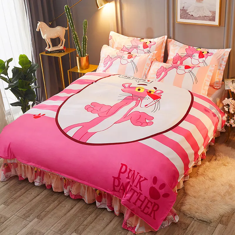 ขายดีร้อนเค้กการ์ตูนสีชมพู Panther เด็กเช่นผ้าฝ้ายเตียงสี่ชุด