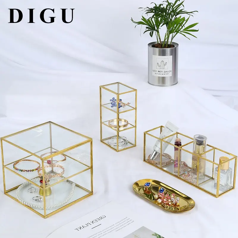 Digu Sieraden Glazen Display Showcase Cosmetische Verpakking Opbergdozen Glas Case Stofdicht Lippenstift Desktop Afwerking Doos