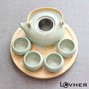 ชุดถ้วยชาและกาแฟเคลือบสีฝรั่งเศส,ชุดเครื่องเคลือบดินเผาถ้วยกาแฟและกาน้ำชาสุดหรูพร้อมถาดไม้