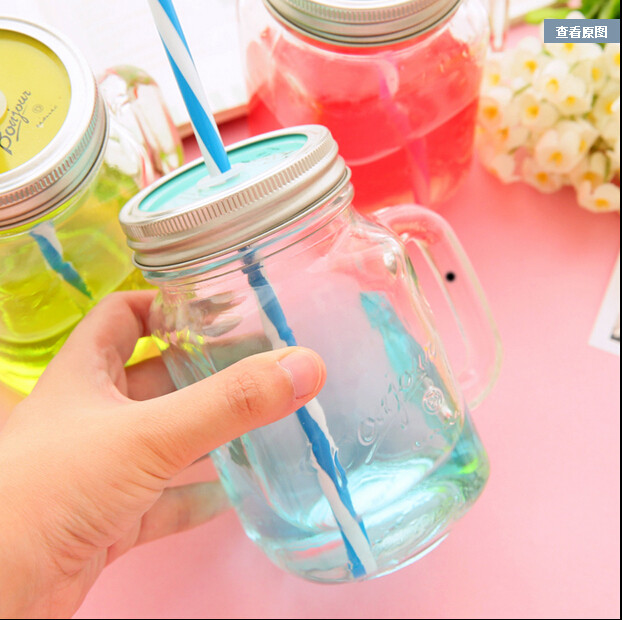 480ml drinking jar clear regular mouth glass mason jar with metal lid and handle straw included