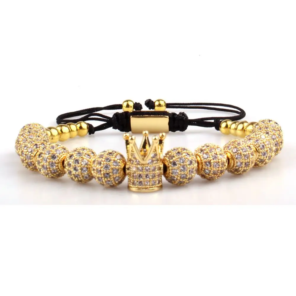 Nieuwe Luxe Design Hoge Kwaliteit Micro CZ Pave Diamond Ball Crown Charm Geweven Macrame Kraal Armband