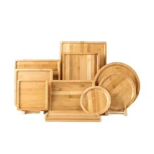 Platos redondos cuadrados de bambú, multiusos, ovalados, para servir platos, cargador de bambú, bandeja de comida, bandeja de comedor, plato de madera para servir queso