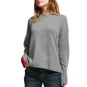 OEM Custom Lady Knitwear cashmere blend Sweater Mujer Color Block O Neck 12 Gauge Pullover Summer Sweater women tunic