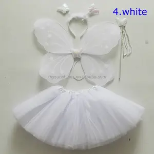 party decoration white glitter butterfly wing set with 3 layers polyester white basic tutu skirt