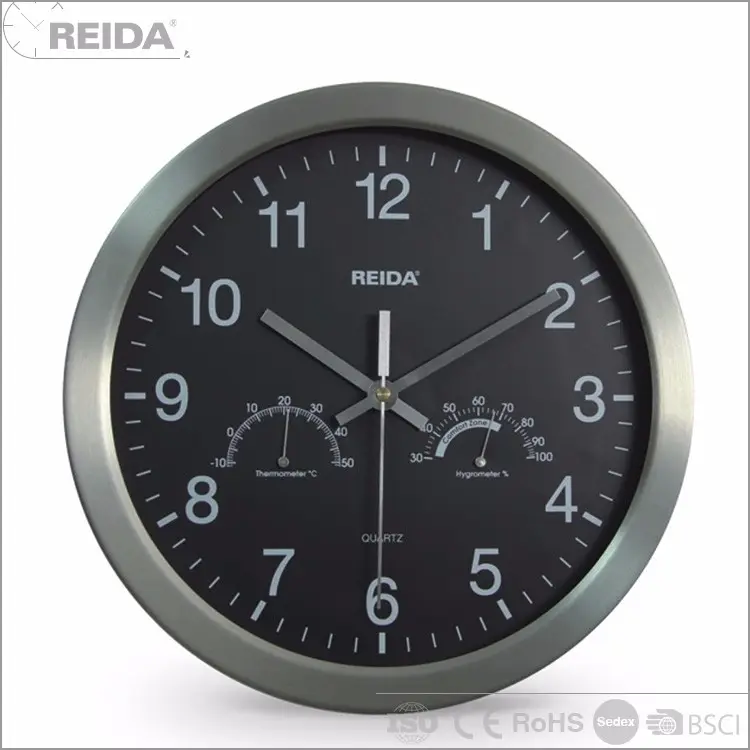 Wholesale 12 inch metal black quartz round wall with temperature and humidity analog clock for home decoration