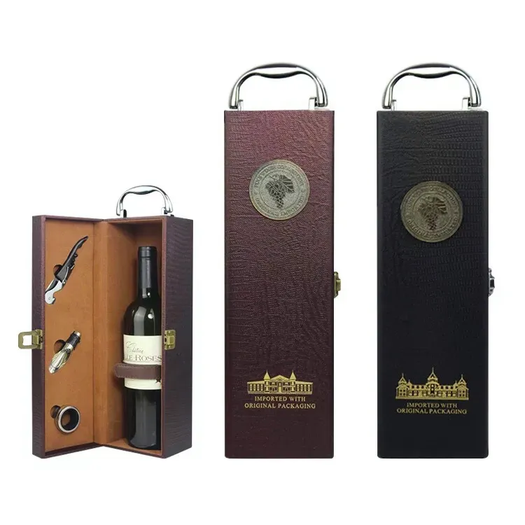 Caja de madera personalizada para embalaje de whisky y vino, caja de PU para 1 botella con accesorios, caja de almacenamiento para vino