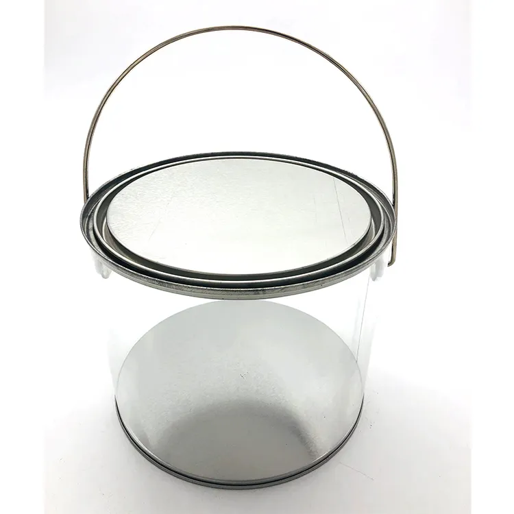 Clear plastic paint handle can with tin top and bottom