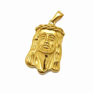 Wholesale 18k Yellow Gold Finished Face of Christ Stainless Steel Men Jewelry Jesus Head Pendant