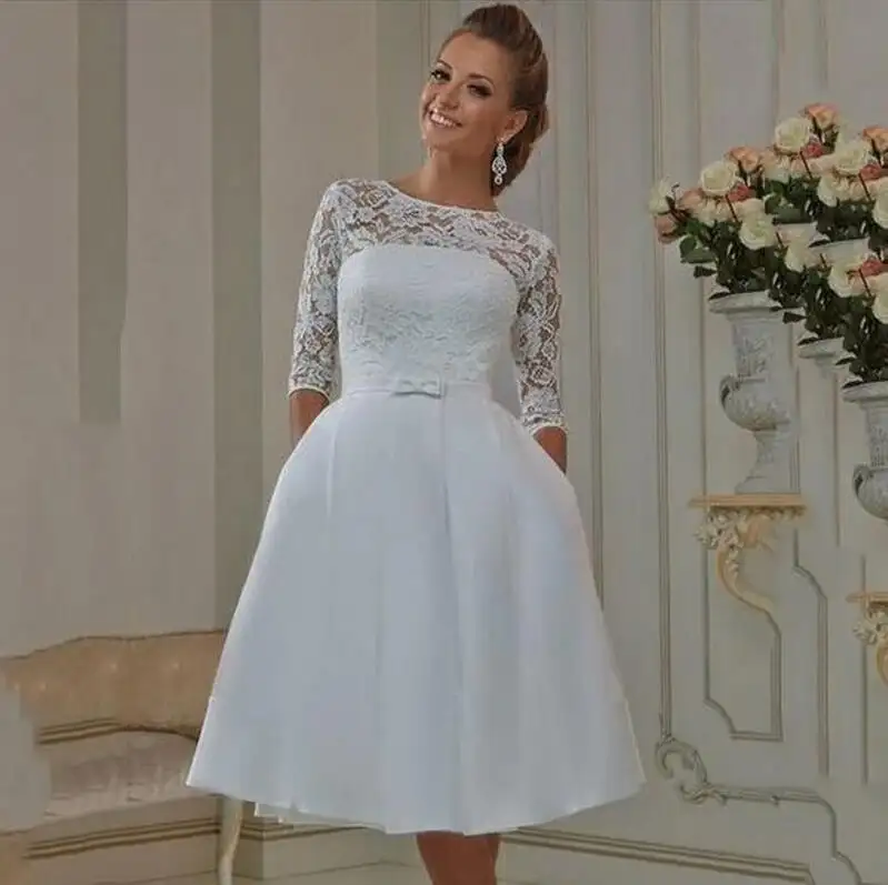 Chiffon Lace A Line White Short Bridal Wedding Party Dresses For Women