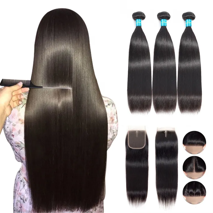 Luxefame Straight Peruvian Hair Bundle With Closure,Virgin Human Hair Bundles With Closure, Human Hair Weave Bundle With Closure